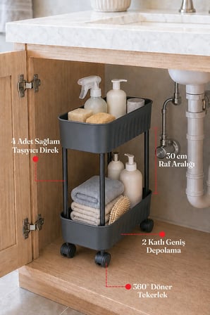 2 Katlı Tekerlekli Tezgah Altı Banyo Mutfak Rafı Çok Amaçlı Dolap Düzenleyici Organizer Deterjanlık