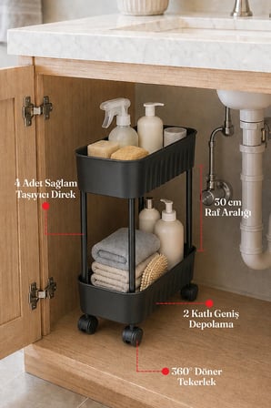 2 Katlı Tekerlekli Tezgah Altı Banyo Mutfak Rafı Çok Amaçlı Dolap Düzenleyici Organizer Deterjanlık