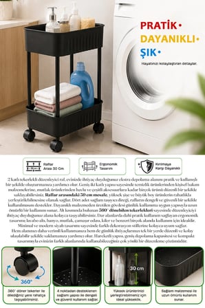 2 Katlı Tekerlekli Tezgah Altı Banyo Mutfak Rafı Çok Amaçlı Dolap Düzenleyici Organizer Deterjanlık