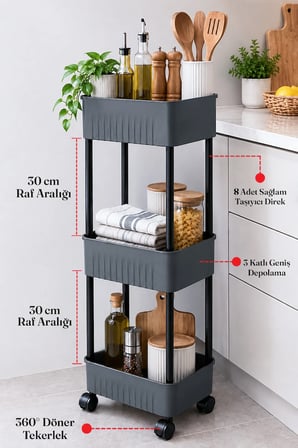 3 Katlı Tekerlekli Tezgah Altı Banyo Mutfak Rafı Dolap Düzenleyici Organizer Deterjanlık Sebzelik
