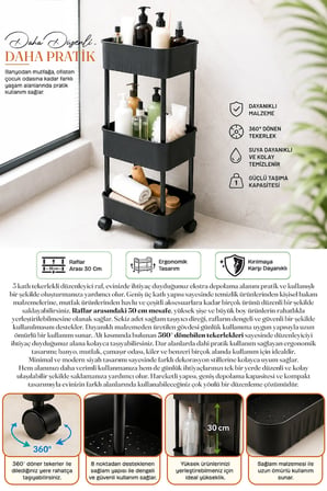 3 Katlı Tekerlekli Tezgah Altı Banyo Mutfak Rafı Dolap Düzenleyici Organizer Deterjanlık Sebzelik