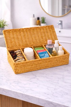 4 Bölmeli Kapaklı Hasır Düzenleyici Kutu - Rattan Örgü Banyo Makyaj Kozmetik Aksesuar Organizeri