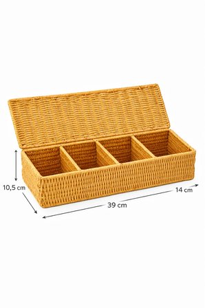 4 Bölmeli Kapaklı Hasır Düzenleyici Kutu - Rattan Örgü Banyo Makyaj Kozmetik Aksesuar Organizeri