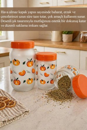 3 Boy Hava Almaz Kapaklı Erzak Saklama Kabı Bal Kabağı Desenli Cam Kavanoz Seti Baharatlık Çerezlik