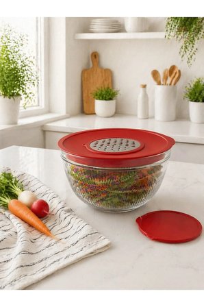 Rendeli Karıştırma Saklama Kabı - Çok Amaçlı Cam Kase - Mutfak Hazırlık Seti Salata Kasesi 4,5L