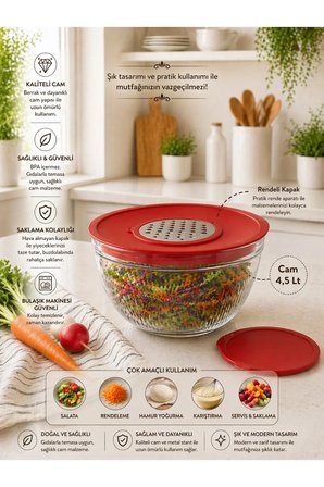 Rendeli Karıştırma Saklama Kabı - Çok Amaçlı Cam Kase - Mutfak Hazırlık Seti Salata Kasesi 4,5L