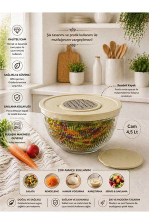 Rendeli Karıştırma Saklama Kabı - Çok Amaçlı Cam Kase - Mutfak Hazırlık Seti Salata Kasesi 4,5L