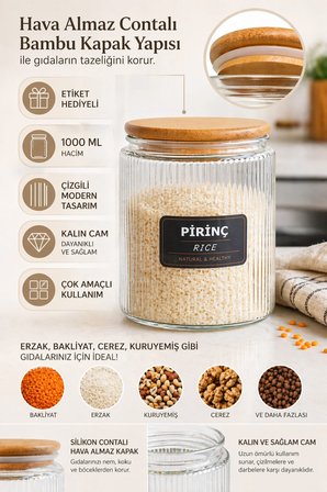 12'li Etiketli Cam Kavanoz Seti – Bambu Hava Almaz Vakum Kapaklı Çizgili Erzak Bakliyat Saklama Kabı 12 x 1 L