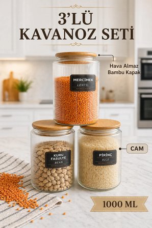 3'lü Etiketli Cam Kavanoz Seti – Bambu Vakum Kapaklı Çizgili Erzak Bakliyat Saklama Kabı 3x 1 L