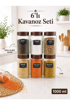 6'lı Etiketli Çizgili Cam Kavanoz Seti – Plastik Contalı Hava Almaz Kapaklı Erzak Bakliyat Saklama Kabı 6 x 1 L