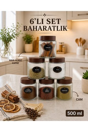 6'lı Etiketli Çizgili Cam Kavanoz Baharatlık Seti – Plastik Contalı Hava Almaz Kapaklı Baharatlık Saklama Kabı 6 x 500 ml