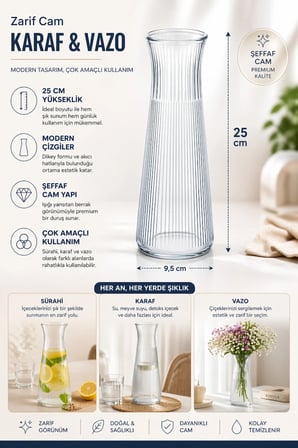 Dekoratif Top Kapaklı Cam Karaf - Modern Çizgili Cam Sürahi Sunumluk Meşrubat Şerbetlik 25 cm