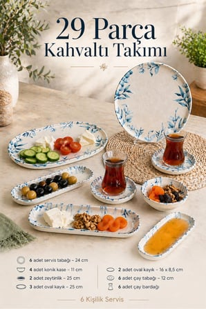 29 Parça Porselen Kahvaltı Takımı - Dijital Kabartma Desenli Bluetta 6 Kişilik Kahvaltı Servis Sunum Seti