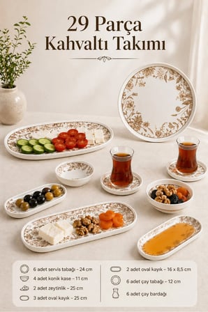 29 Parça Porselen Kahvaltı Takımı - Dijital Desenli Vesta 6 Kişilik Kahvaltı Servis Sunum Seti