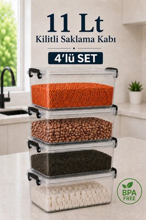 4'lü Set 11 Lt Kilitli Un Bakliyat Erzak Saklama Kabı Çok Amaçlı Düzenleyici Oyuncak Deterjan Kutusu