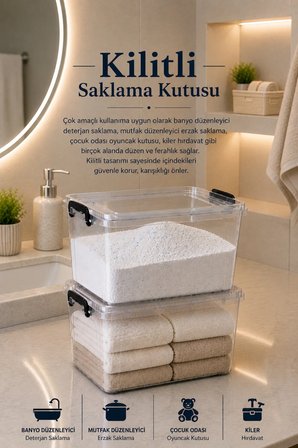 4'lü Set 11 Lt Kilitli Un Bakliyat Erzak Saklama Kabı Çok Amaçlı Düzenleyici Oyuncak Deterjan Kutusu