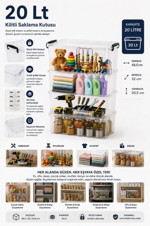4'lü Set 20 Lt Kilitli Saklama Kutusu Çok Amaçlı Düzenleyici Kiler Erzak Hırdavat Oyuncak Organizer