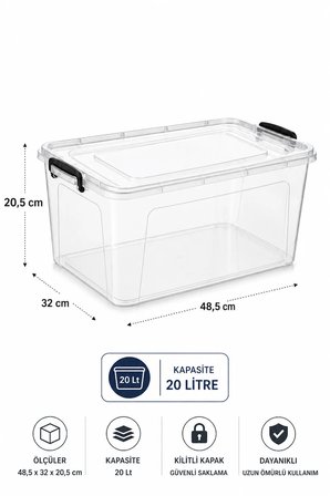 4'lü Set 20 Lt Kilitli Saklama Kutusu Çok Amaçlı Düzenleyici Kiler Erzak Hırdavat Oyuncak Organizer