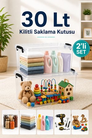 2'li 30 Lt Kilitli Saklama Kutusu Çok Amaçlı Kiler Erzak Hırdavat Deterjan Oyuncak Düzenleyici Organizer
