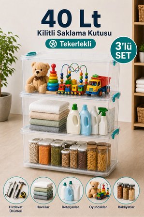 3'lü Set 40 Lt Tekerlekli Kilitli Saklama Kutusu Çok Amaçlı Düzenleyici Hırdavat Oyuncak Erzak Kabı