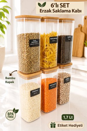 6'lı Ahşap Vakumlu Kapak Erzak Saklama Kabı Seti - Mutfak Düzenleyici Etiketli Akrilik Un Bakliyat Kabı 6 x 1,70 Lt