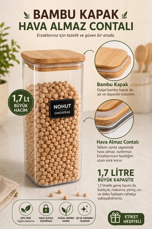 6'lı Ahşap Vakumlu Kapak Erzak Saklama Kabı Seti - Mutfak Düzenleyici Etiketli Akrilik Un Bakliyat Kabı 6 x 1,70 Lt