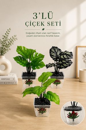 3'lü Elora Dekoratif Saksılı Yapay Çiçek Seti - Yeşil Yapraklı Balkon Salon Mutfak Ofis Dekor Çiçeği