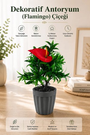 Antoryum (Flamingo) Dekoratif Saksılı Yapay Çiçek - Yeşil Yapraklı Balkon Salon Mutfak Ofis Dekor Çiçeği