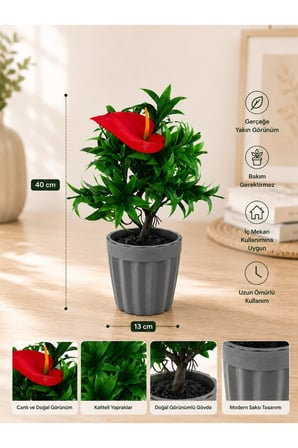 Antoryum (Flamingo) Dekoratif Saksılı Yapay Çiçek - Yeşil Yapraklı Balkon Salon Mutfak Ofis Dekor Çiçeği