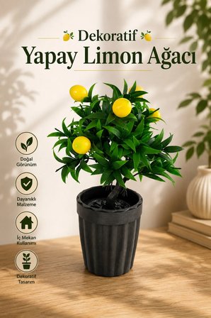 Dekoratif Saksılı Yapay Limon Ağacı - Yeşil Yapraklı Balkon Salon Mutfak Ofis Dekor Çiçeği
