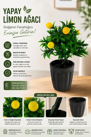 Dekoratif Saksılı Yapay Limon Ağacı - Yeşil Yapraklı Balkon Salon Mutfak Ofis Dekor Çiçeği