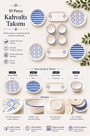 10 Parça 4 Kişilik Oceana Stoneware Kahvaltı Takımı - Özel Desenli Kahvaltılık Servis Sunum Seti