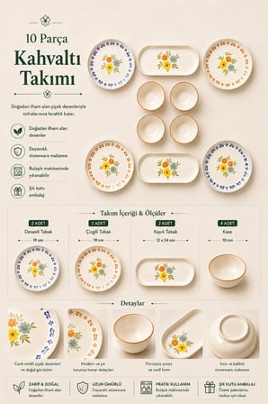 10 Parça 4 Kişilik Rosalia Stoneware Kahvaltı Takımı - Özel Desenli Kahvaltılık Servis Sunum Seti