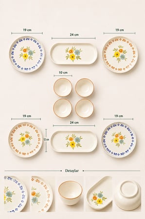 10 Parça 4 Kişilik Rosalia Stoneware Kahvaltı Takımı - Özel Desenli Kahvaltılık Servis Sunum Seti