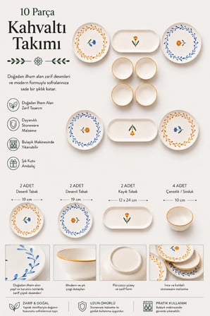 10 Parça 4 Kişilik Vivia Stoneware Kahvaltı Takımı - Özel Desenli Kahvaltılık Servis Sunum Seti