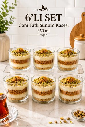 6'lı Çizgili Cam Tatlı Sunum Kasesi 350 ml - Magnolia Cheesecake Kahvaltılık Çerezlik Servis Seti