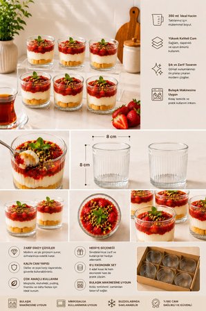6'lı Çizgili Cam Tatlı Sunum Kasesi 350 ml - Magnolia Cheesecake Kahvaltılık Çerezlik Servis Seti