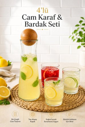 4'lü Cam Karaf & Bardak Seti - Top Kapaklı Limonata Meşrubat Meyve Suyu Servis Sunum Seti