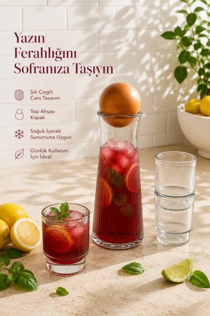 4'lü Cam Karaf & Bardak Seti - Top Kapaklı Limonata Meşrubat Meyve Suyu Servis Sunum Seti