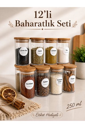 12'li Pinterest Akrilik Baharatlık Seti - Etiketli Mutfak Düzenleyici Vakum Kapaklı Baharat Saklama Kabı 250 ml