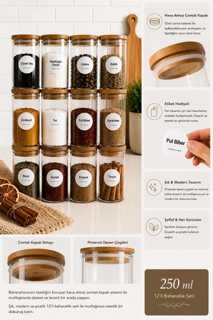 12'li Pinterest Akrilik Baharatlık Seti - Etiketli Mutfak Düzenleyici Vakum Kapaklı Baharat Saklama Kabı 250 ml