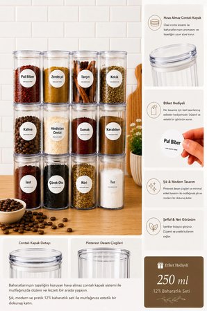 12'li Pinterest Akrilik Baharatlık Seti - Etiketli Mutfak Düzenleyici Vakum Kapaklı Baharat Saklama Kabı 250 ml