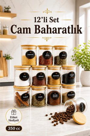 12'li Çizgili Cam Baharatlık Seti - Etiket Hediyeli Ahşap Kapaklı Organizer Baharat Saklama Kabı Çerezlik 350ml