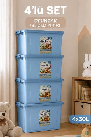 4'lü Set - 30 Lt Kilitli Oyuncak Saklama Kutusu - Çok Amaçlı Organizer Kiler Erzak Çocuk Odası Düzenleyici Kasa