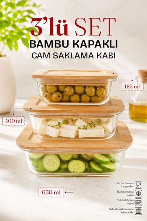 3'lü Bambu Kapaklı Cam Saklama Kabı Seti - Hava Almaz Vakumlu Borcam Yemek Kase Seti Difriz Uyumlu