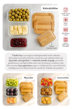 3'lü Bambu Kapaklı Cam Saklama Kabı Seti - Hava Almaz Vakumlu Borcam Yemek Kase Seti Difriz Uyumlu