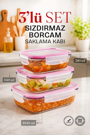 3'lü Dikdörtgen Sızdırmaz Kapaklı Kase Cam Saklama Kabı Buzdolabı Düzenleyici Fırın Kabı Borcam