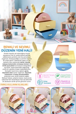 3 Çekmeceli Makyaj & Kozmetik Düzenleyici – Tavşan Kulaklı Masaüstü Takı & Aksesuar Organizeri Dekoratif Saklama Kutusu