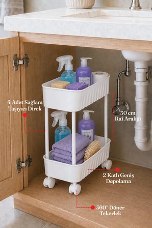 2 Katlı Tekerlekli Tezgah Altı Banyo Mutfak Rafı Çok Amaçlı Dolap Düzenleyici Organizer Deterjanlık