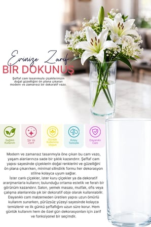 Dekoratif Silindir Cam Vazo Şeffaf Çiçek ve Masa Üstü Sunum Vazosu 21 cm